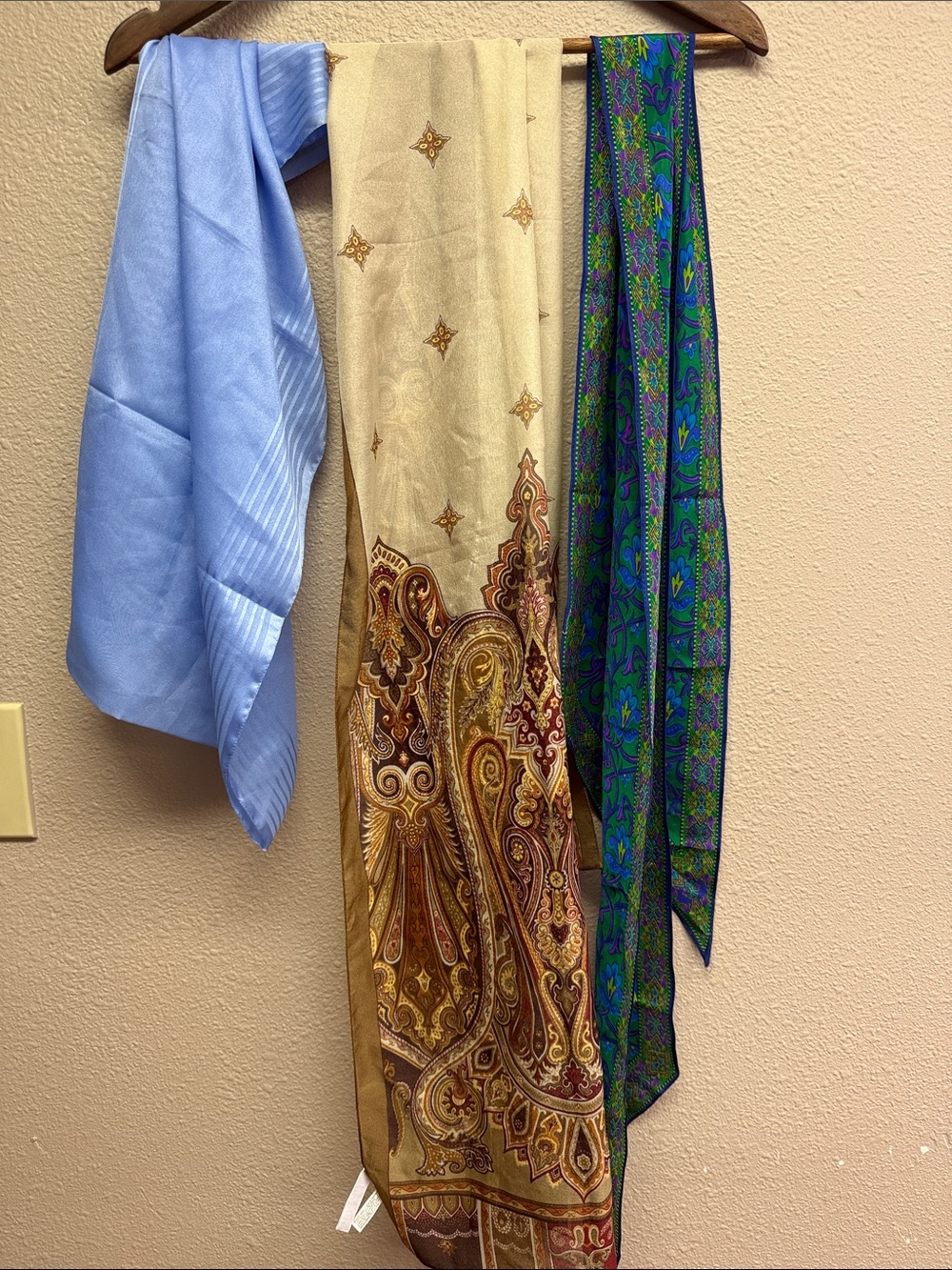 Jones New York Blue, Cream & Green Paisley Silk Scarves Trio